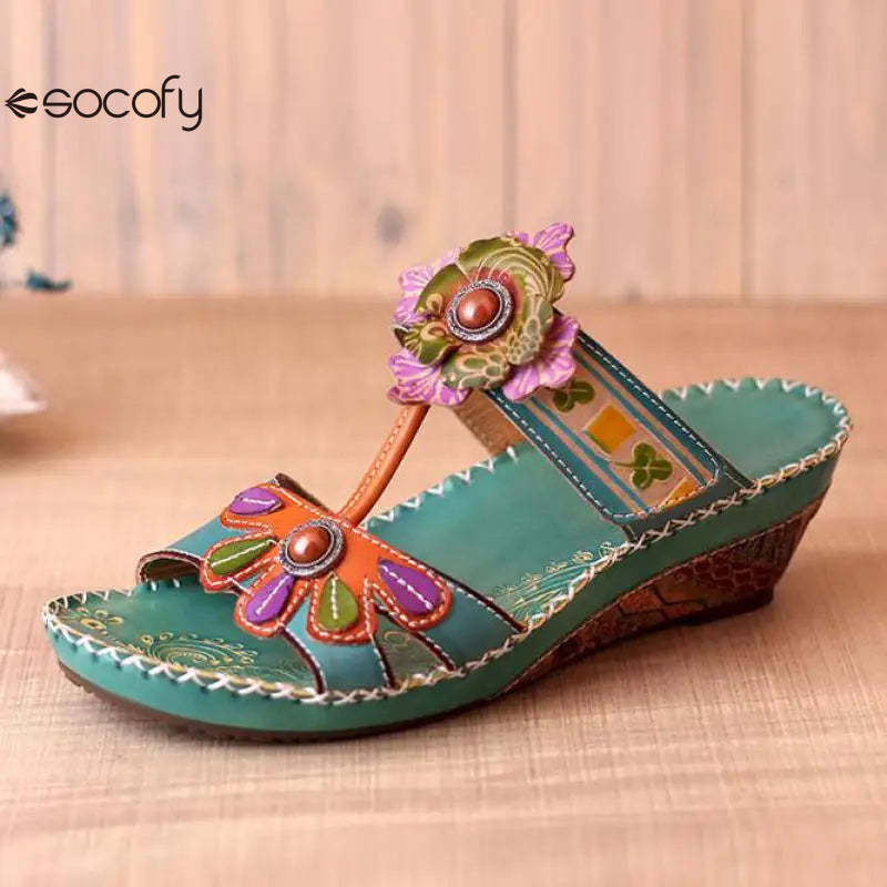 Socofy Spring Summer Hand-painted Genuine Leather Flower Wedges Slides Handmade Ladies Slippers