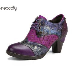 Socofy Genuine leather three-dimensional flower high heel pump