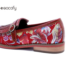 Socofy Handmade Leather Vintage Printed Tassel Flat Loafers Shoes