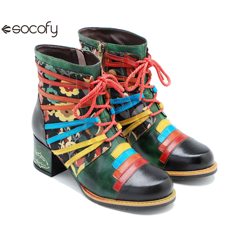 Socofy Vicconfy Handmade Genuine Leather Printed Patchwork Colorful Strappy Chunky Heel Women's Boots