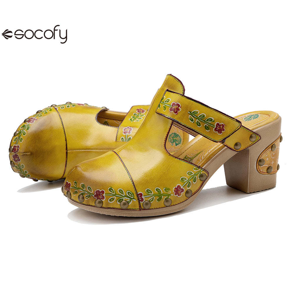 Socofy Spring and summer new spot genuine leather retro floral Baotou comfortable thick heel clogs and sandals