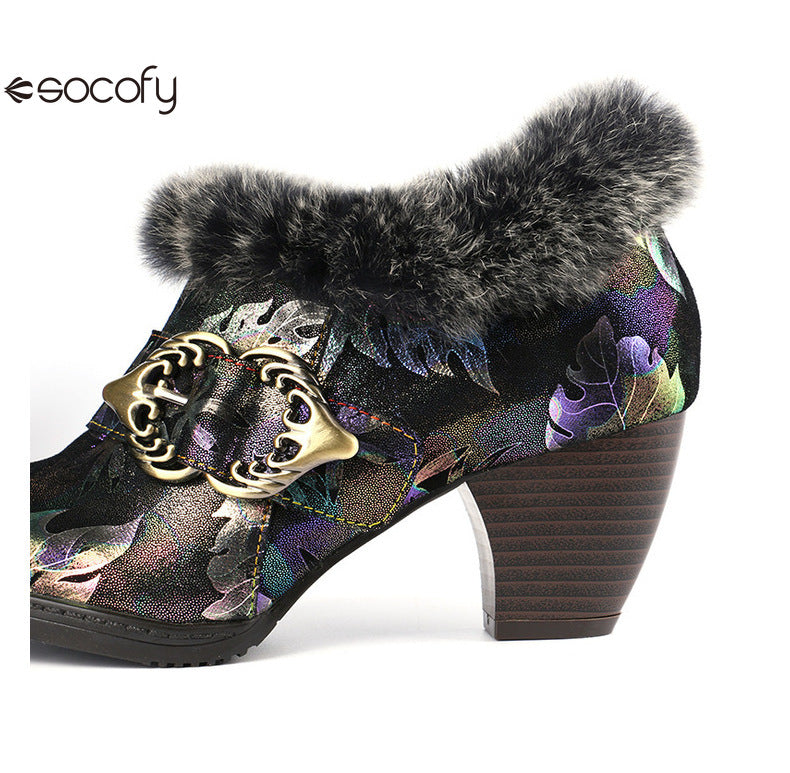 Socofy Vicconfy Genuine Leather Vintage Genuine Wool Patchwork Vintage Illusion Pumps