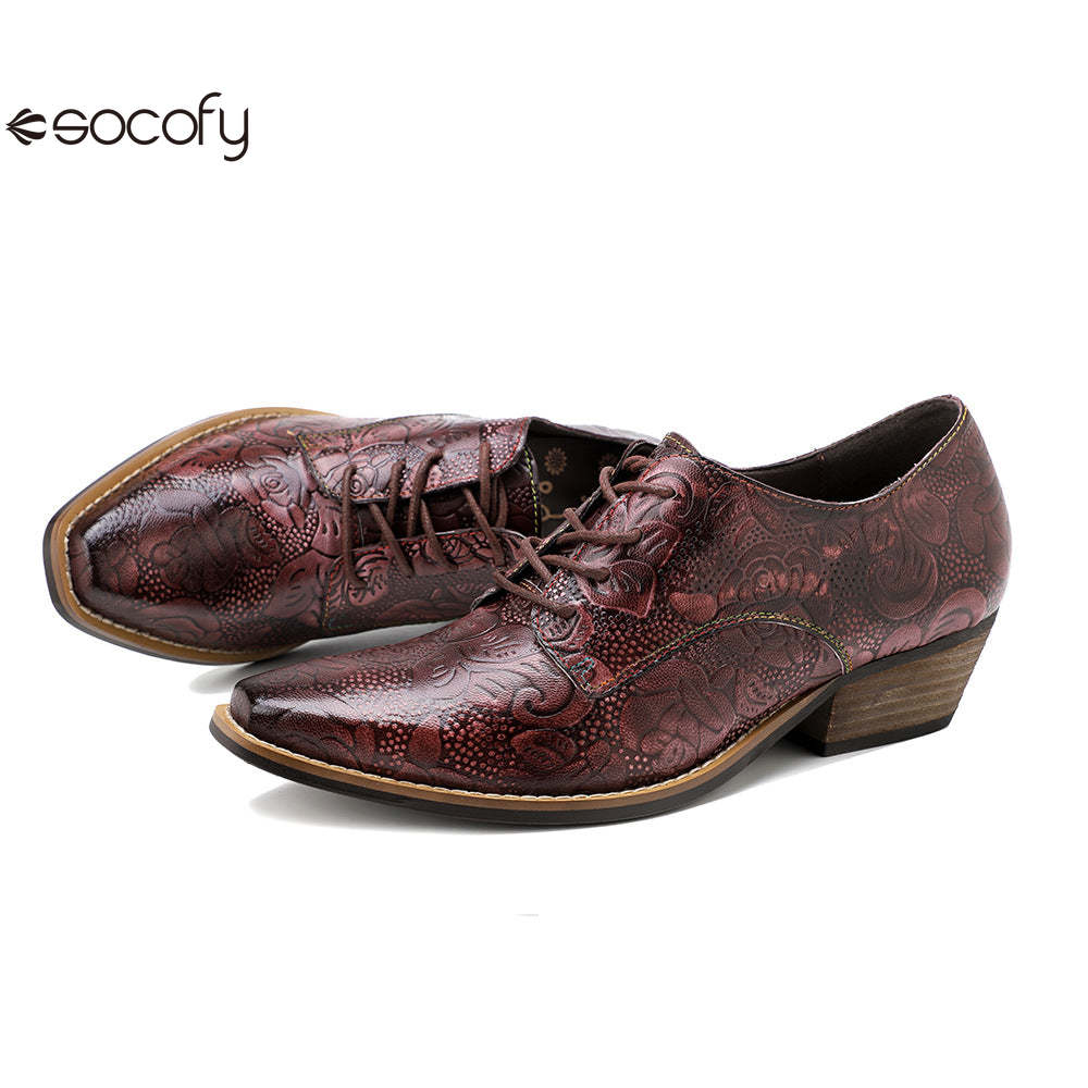 Socofy leather retro British style dark flower texture women's thick heel flat shoes