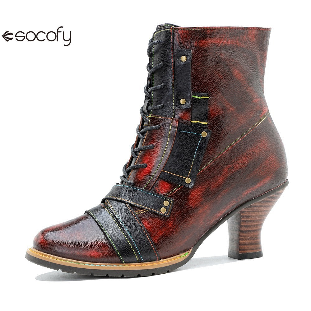 Socofy Leather Vintage Boots High Heeled Boots