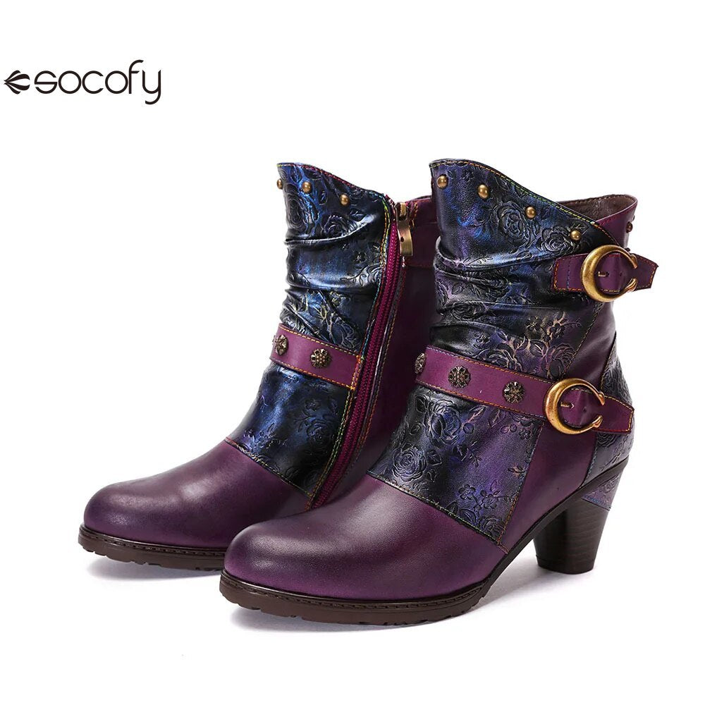 SOCOFY  Genuine Leather Retro Handmade Embossed Fashion Zip Winter Short Boots