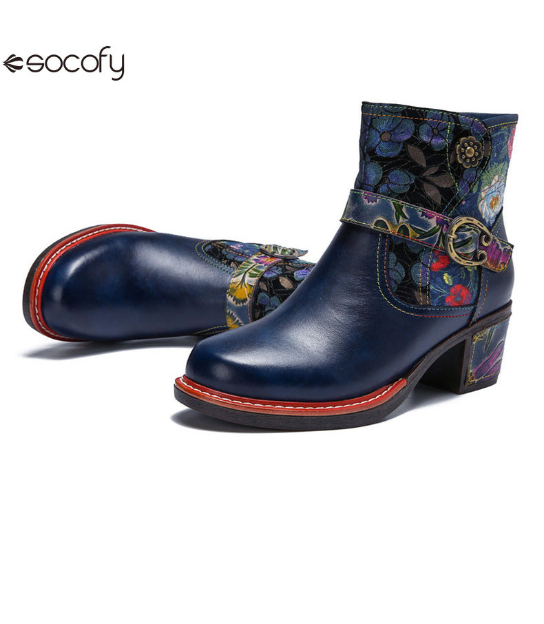 Socofy Vicconfy Genuine Leather Cubic Embossed Romantic Vintage Floral Heeled Ankle Boots