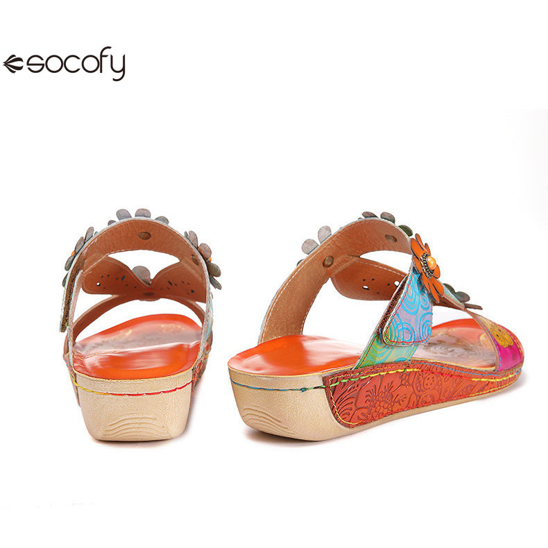 Socofy Vicconfy Loose Round Toe Handmade Cubic Flower Ethnic Flat Sandals