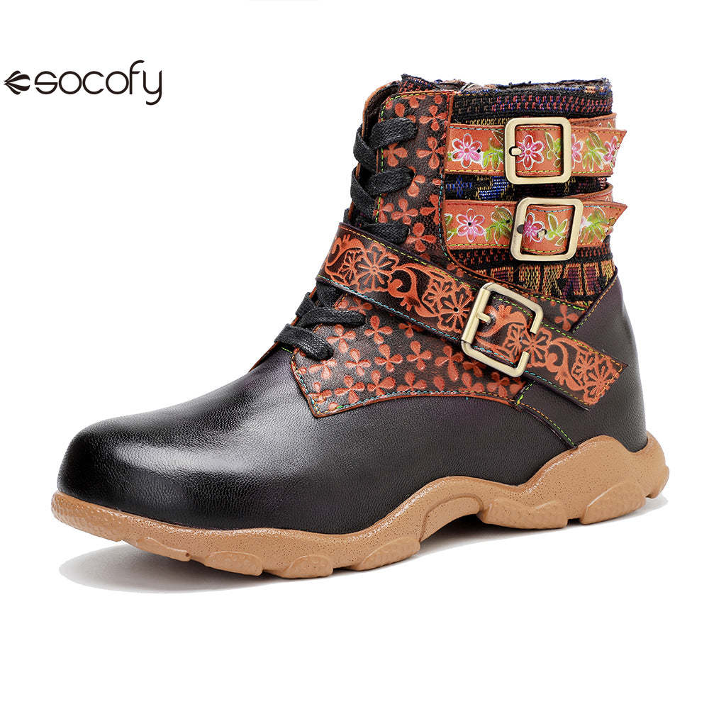 Socofy Vicconfy Leather Handmade Color Rubbed Printed Belt Buckle Flat Women's Boots