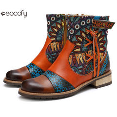 Socofy Vicconfy Genuine Leather Fringe Vintage Boots Flat Boots