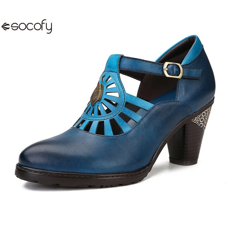 Socofy Retro Genuine Leather Buckle Strap Toe Square Heels