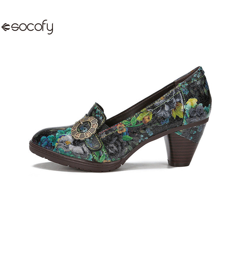 Socofy Vicconfy Round Toe Cowhide Leather Fashion Single Shoes Vintage Flower Heels Women's Shoes