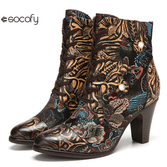 Socofy Vintage Pointed Embroidered Flowers Women's Fashion Boots 1000