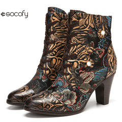 Socofy Vintage Pointed Embroidered Flowers Women's Fashion Boots