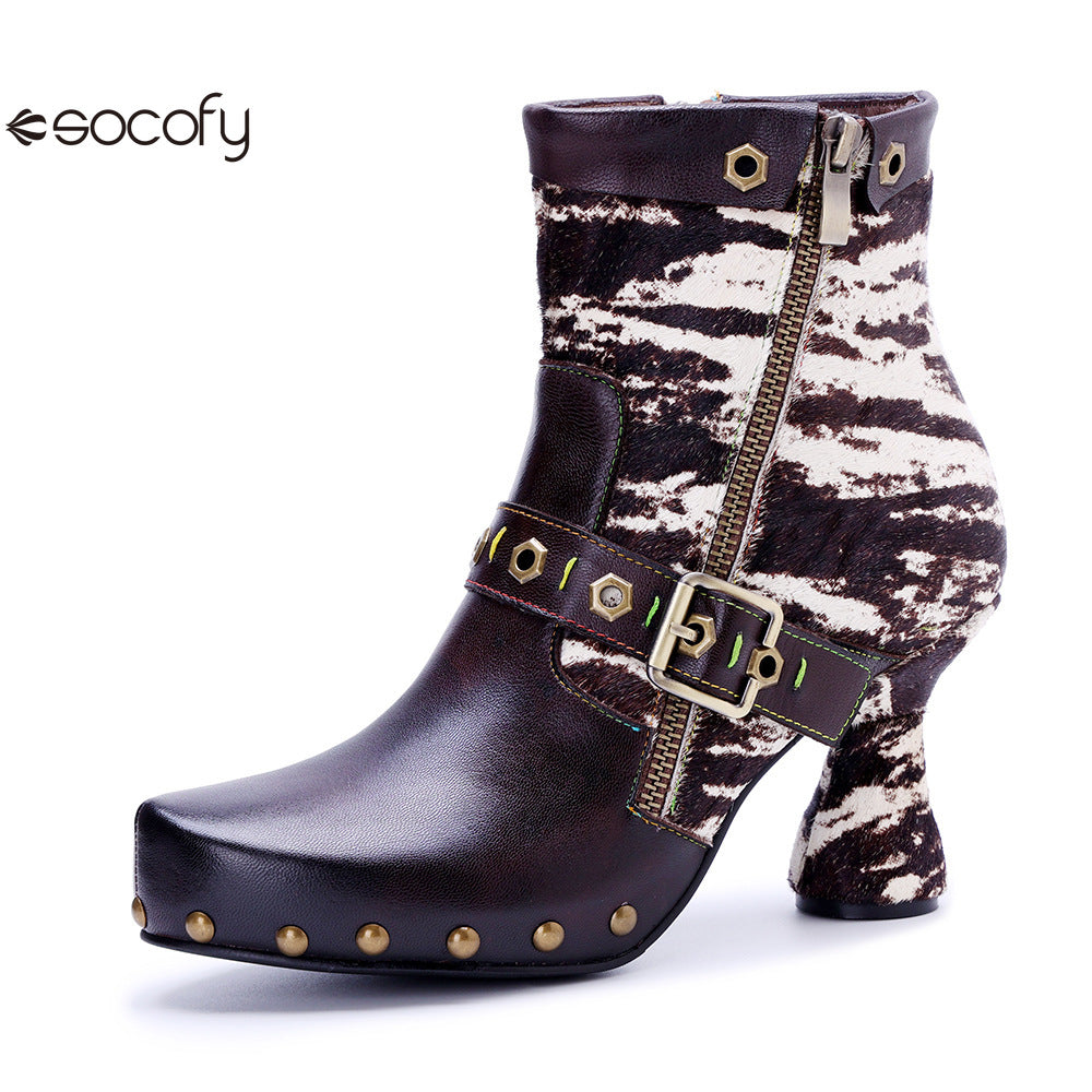 Socofy Vicconfy Retro Handmade Zebra Pattern Buckle Ankle Boots