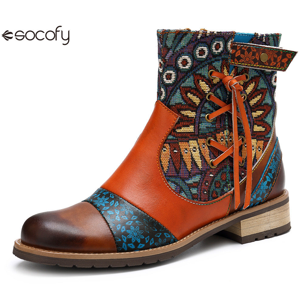 Socofy Vicconfy Genuine Leather Fringe Vintage Boots Flat Boots