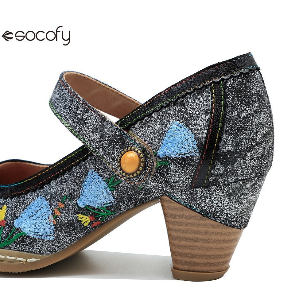 Socofy Spring and summer new retro embroidery Mary Jane thick heeled comfortable high heels