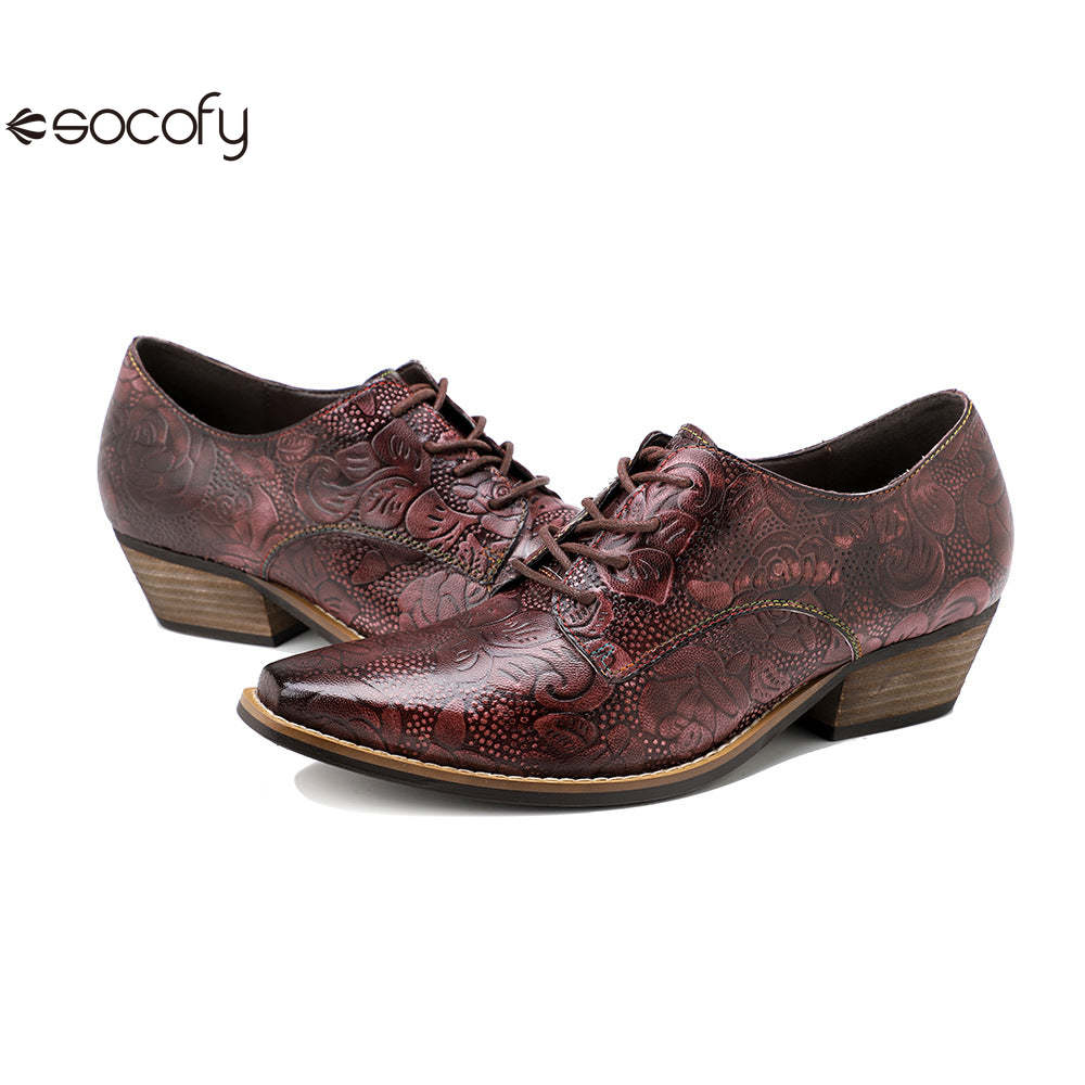 Socofy leather retro British style dark flower texture women's thick heel flat shoes