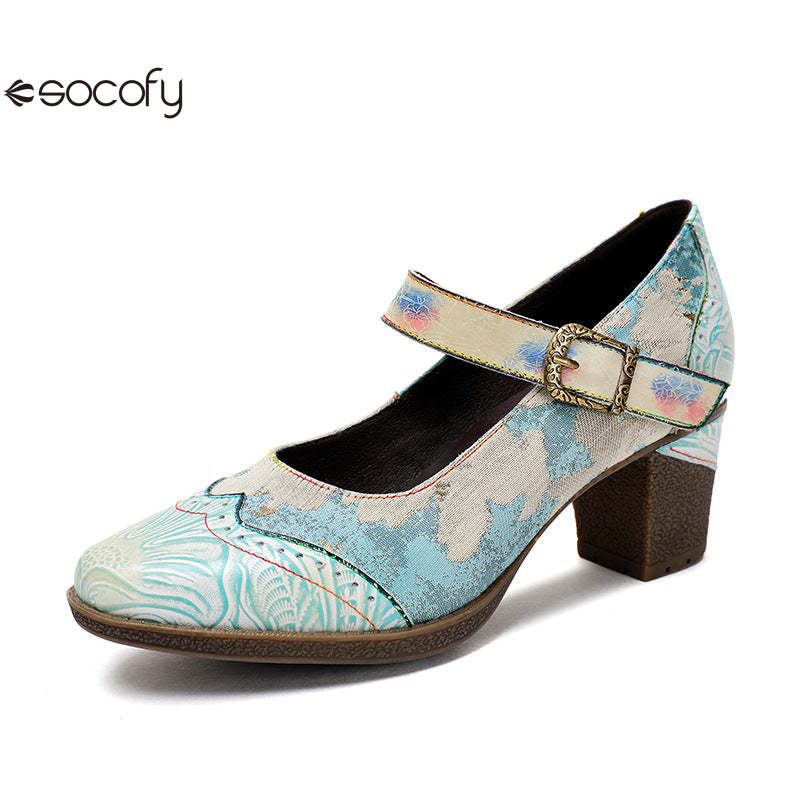 Socofy Vicconfy Retro genuine Leather Women's Mary Jane Heel