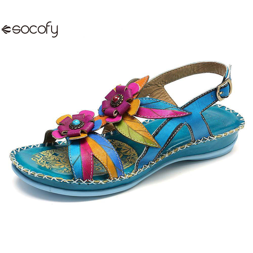 Socofy Summer flower decorated ethnic style women's sandals