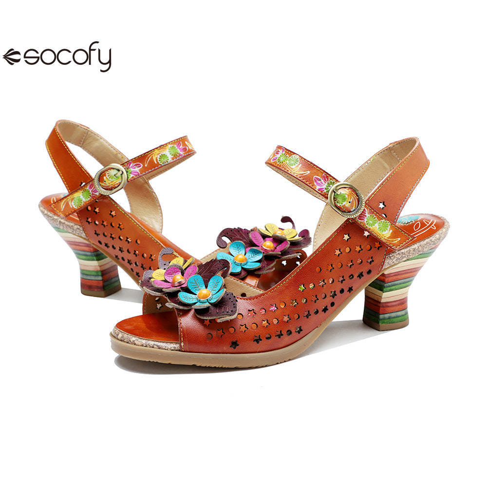 Socofy Summer Genuine Leather Hollow Three-dimensional Flower Comfortable Women's High Heels