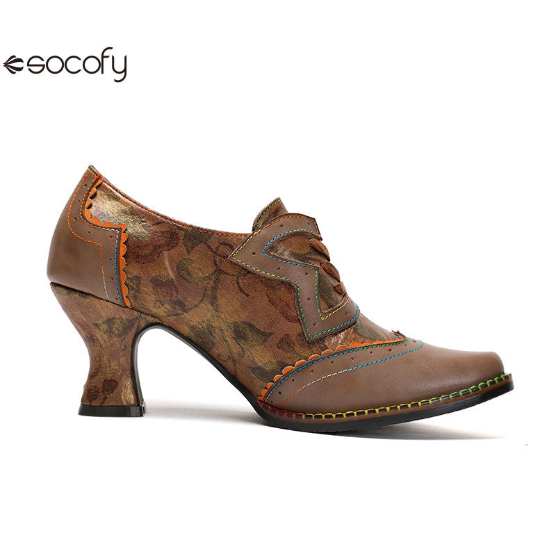 Socofy Vicconfy Genuine Leather Ethnic Brown High Heels