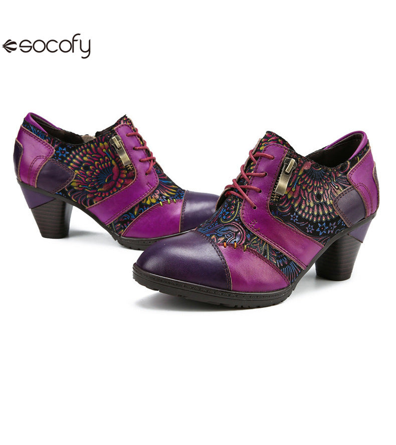 Socofy Vicconfy Genuine leather high heeled three-dimensional flowers drawstring pumps