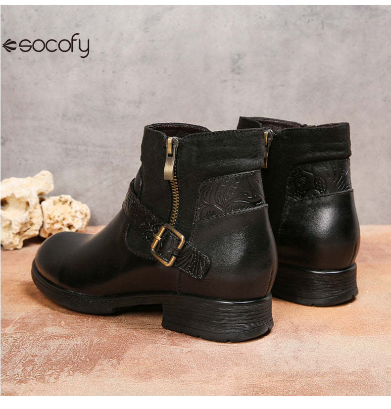 Socofy Vicconfy Women's Round Toe Cowhide Ethnic Leather Boots Fashion Boots