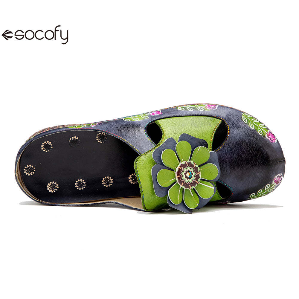 Socofy Flat Flower Daily Home Casual Back Heel Half Slippers Women