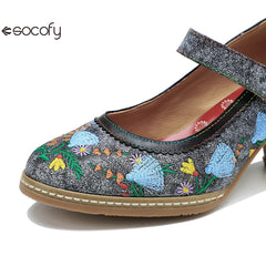 Socofy Spring and summer new retro embroidery Mary Jane thick heeled comfortable high heels