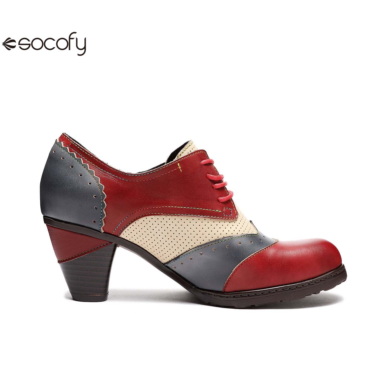 Socofy Thick-heeled retro ethnic style low-top round-toe women pumps