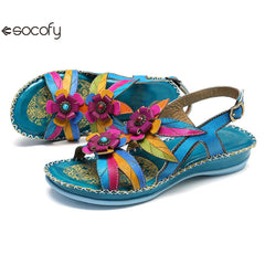 Socofy Summer flower decorated ethnic style women's sandals