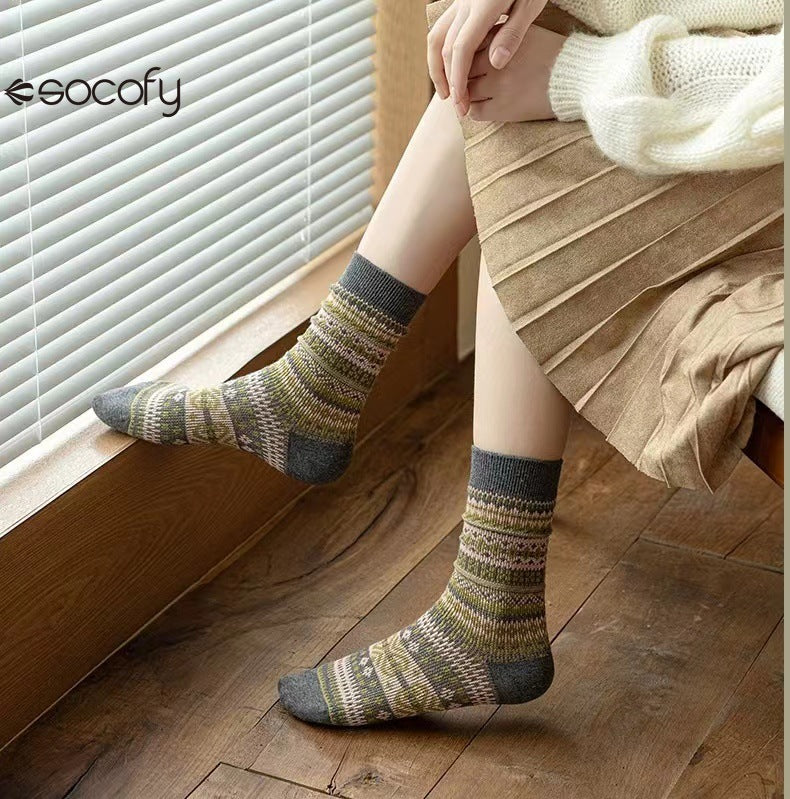 Socofy Vicconfy Mid-calf Socks Vintage Ethnic Striped Cotton Socks