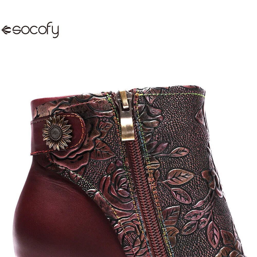 SOCOFY Genuine Leather Retro Handmade Exquisite Embossed Fashion Zip Winter Boots