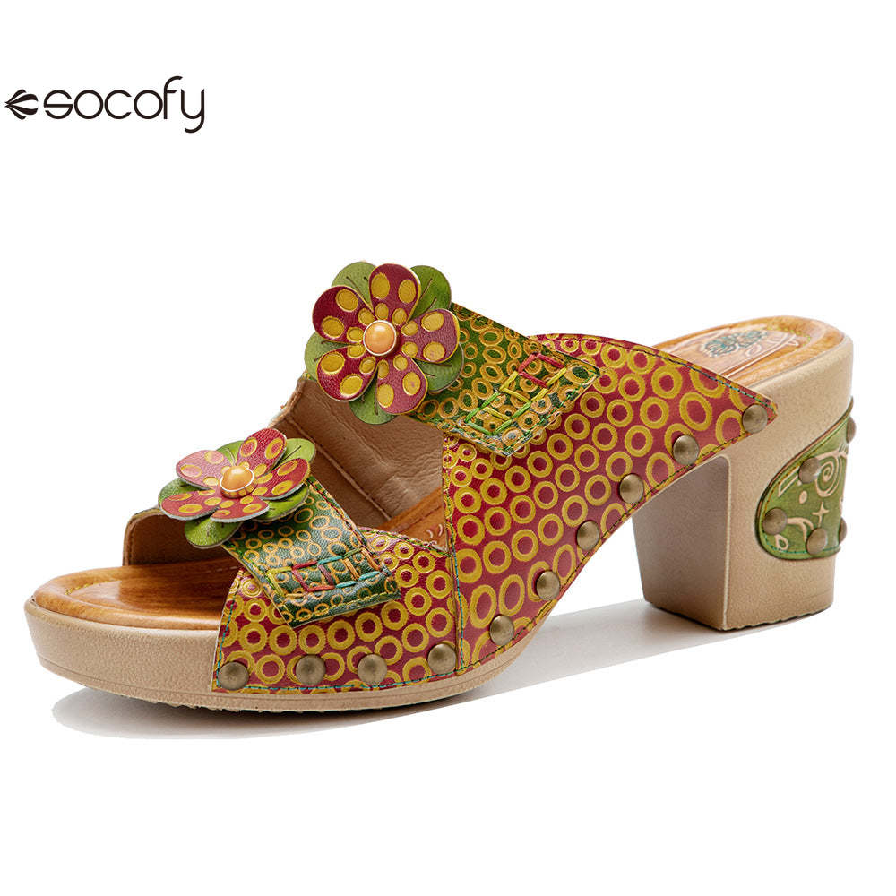 Socofy Spring and summer genuine leather retro flower comfortable thick heel high heel sandals