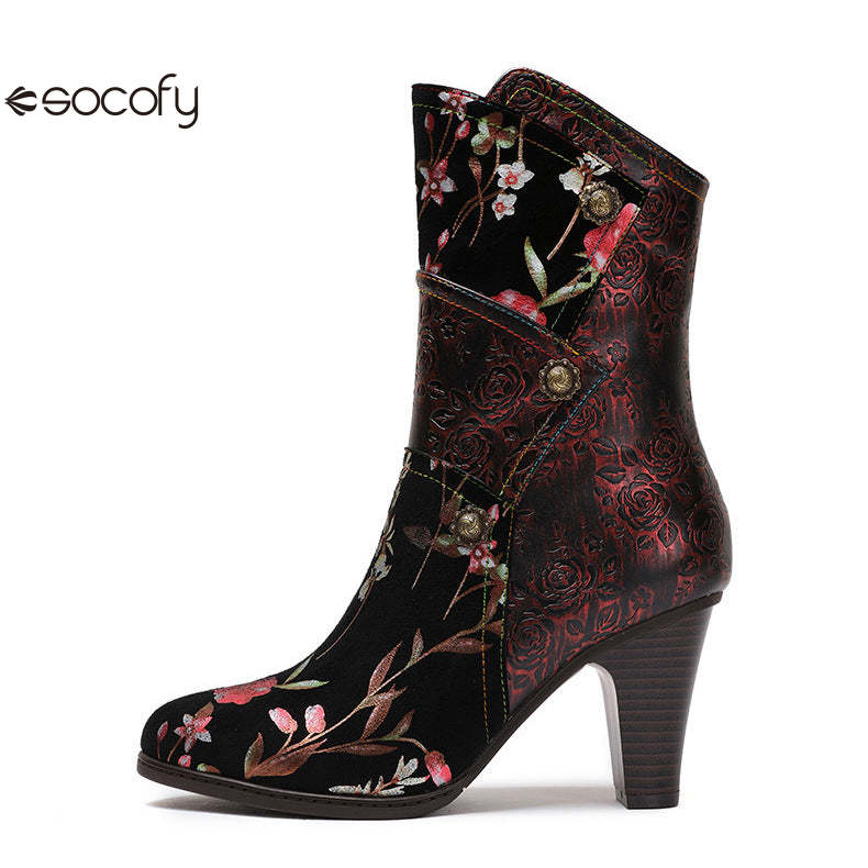 Socofy Vicconfy Court Leather Vintage Handmade High Heel Women's Boots