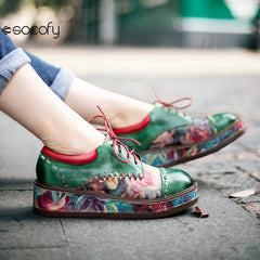 Socofy Vicconfy Retro Muffin Heel Comfortable Printed Round Toe Leather Women's Shoes Loafers