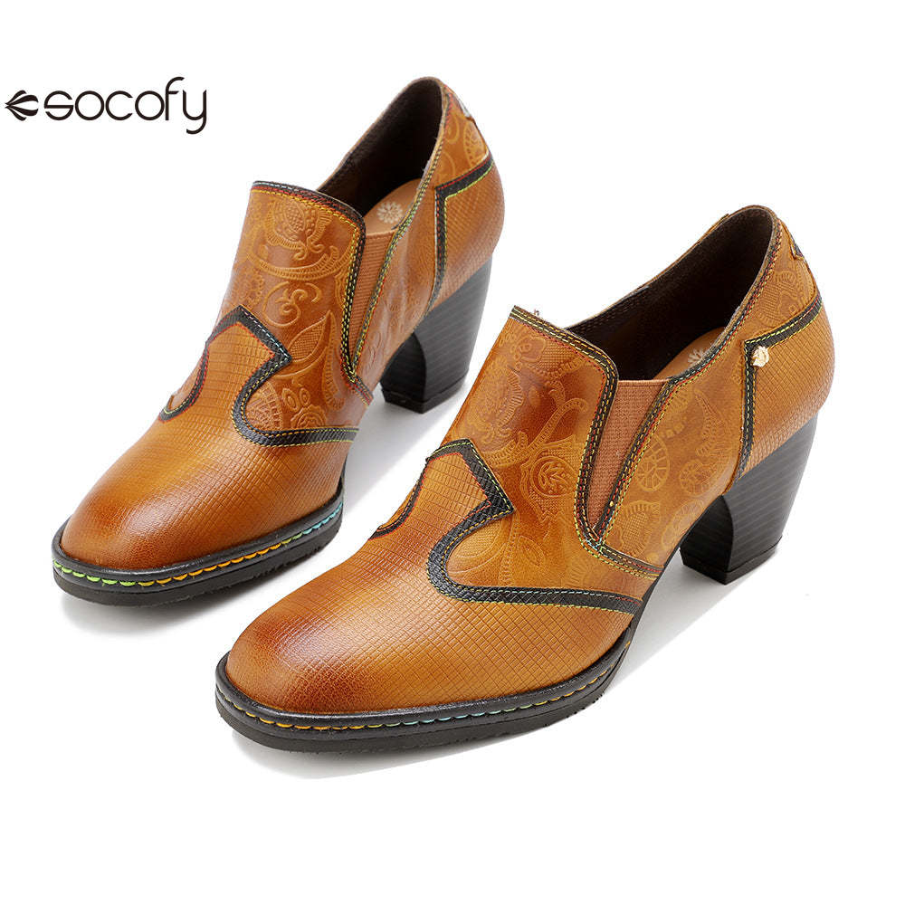 Socofy genuine leather retro style women's thick heel high heels