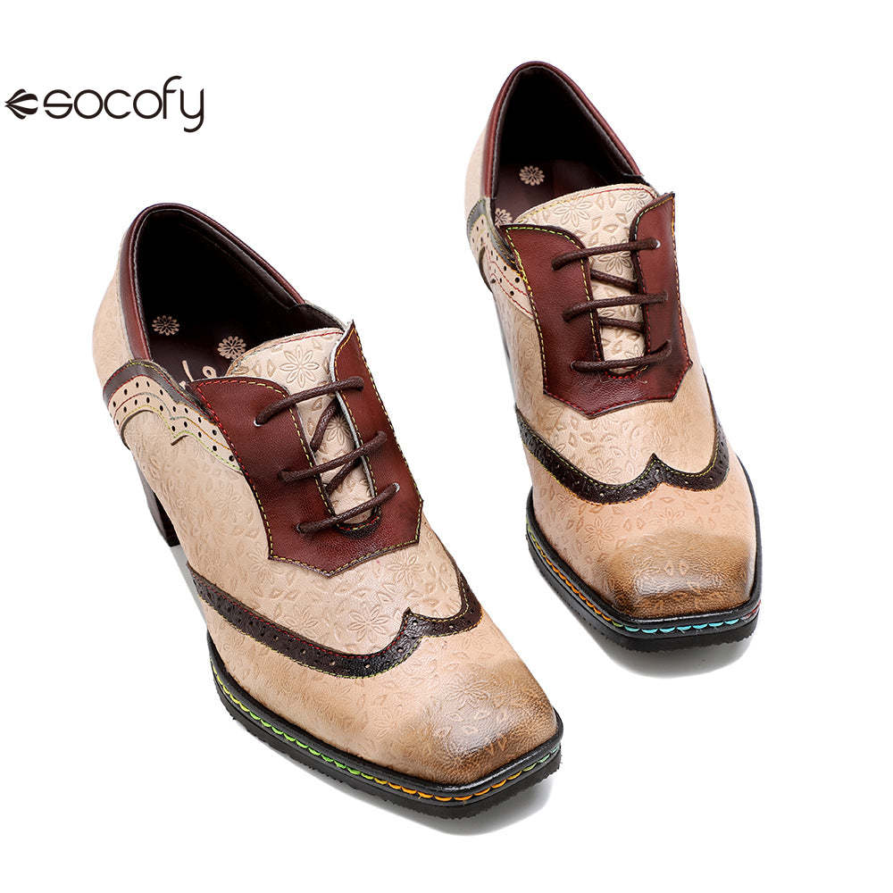 Socofy new spot genuine leather retro style contrasting brogue casual women's thick heel high heels