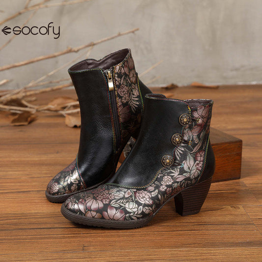 Socofy Leather Retro Flowers Fashionable Zipper Heel Boot 1000