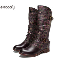 Socofy Vicconfy Side Zipper Vintage Floral Flat Heel Long Boots