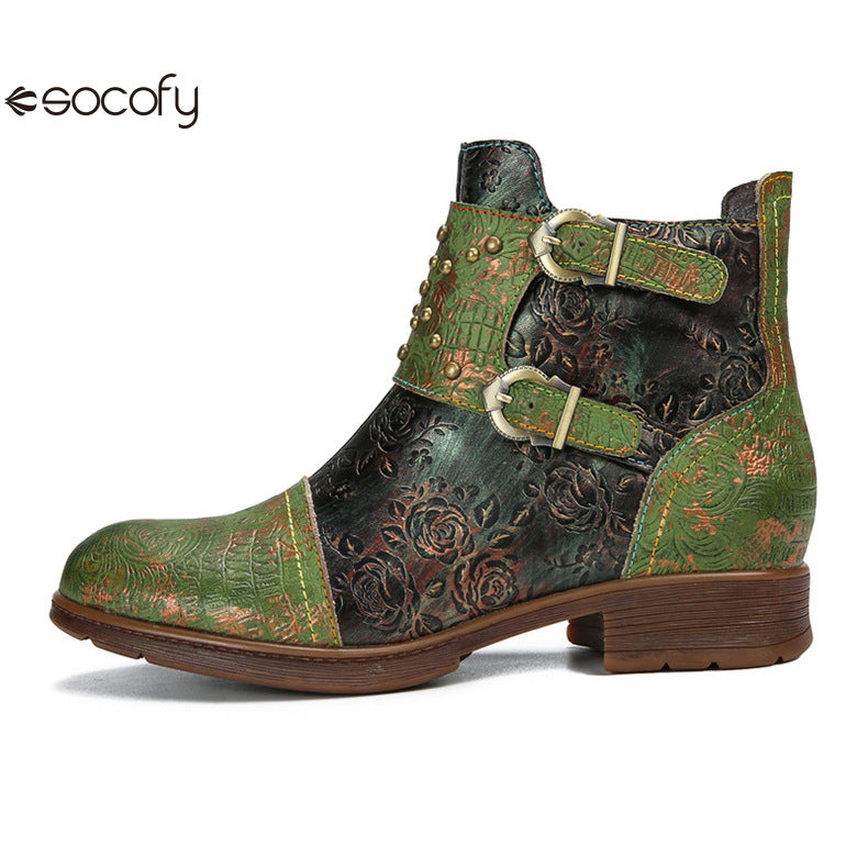 Socofy Vicconfy Genuine Leather Ethnic Vintage Rivet Belt Buckle Boots