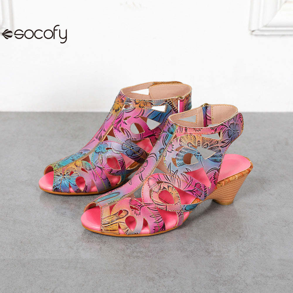 Socofy Summer ethnic style cowhide retro casual fish mouth women's sandals