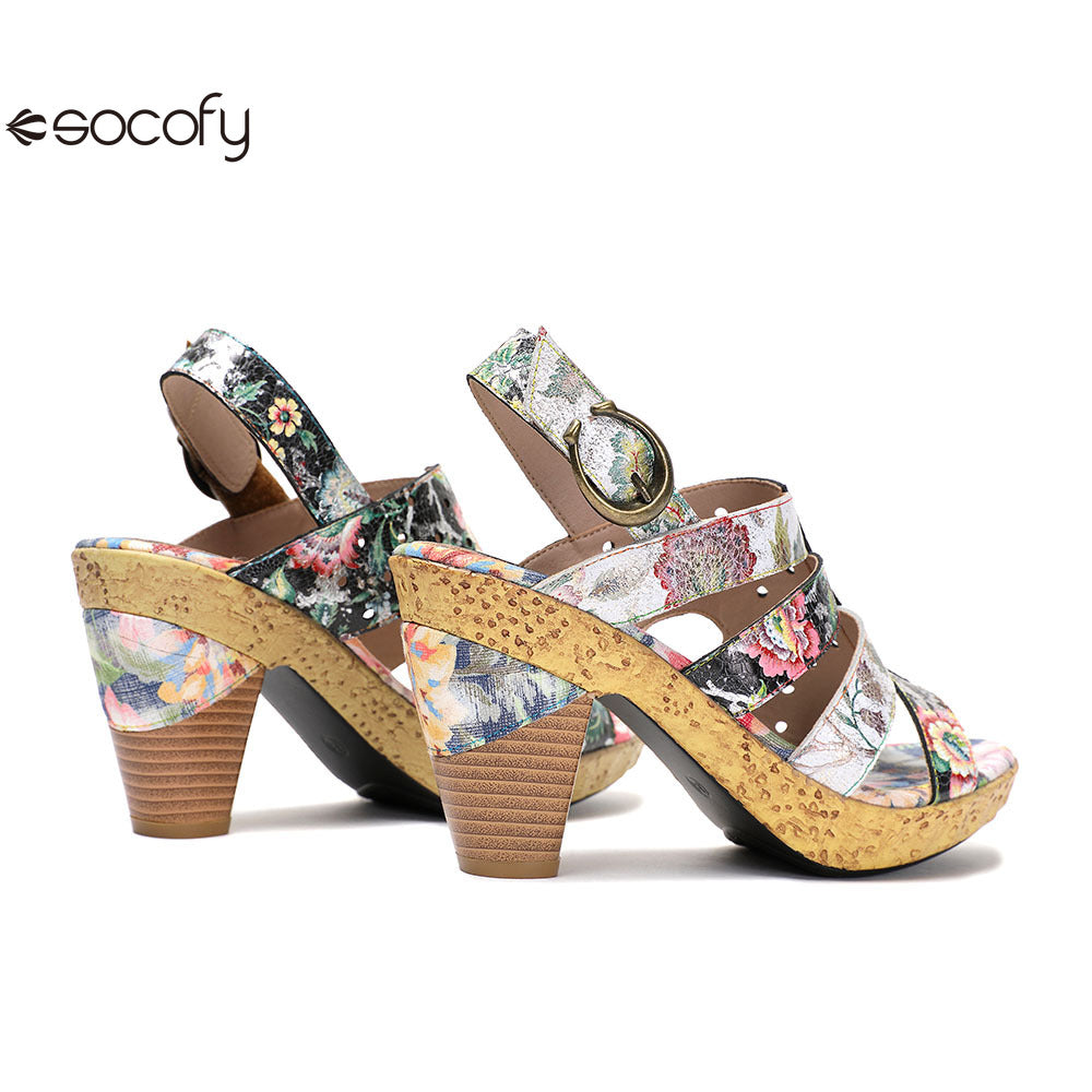 Socofy Vicconfy Leather Floral Heeled Black Sandals