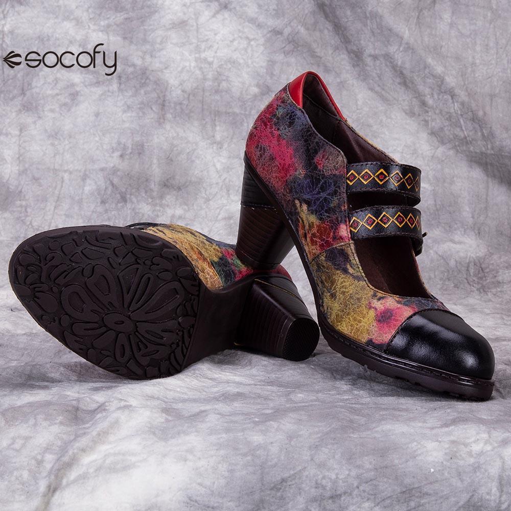 Socofy ethnic style retro genuine leather high heels women's shoes