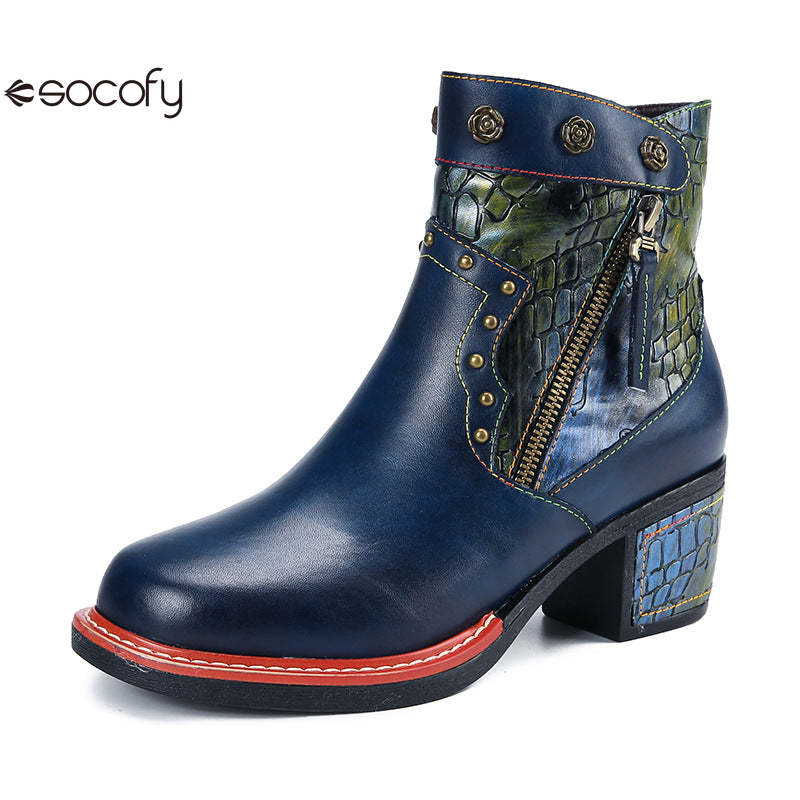 Socofy Vicconfy Women's Martin Boots Leather Patchwork Ethnic Vintage Short Boots