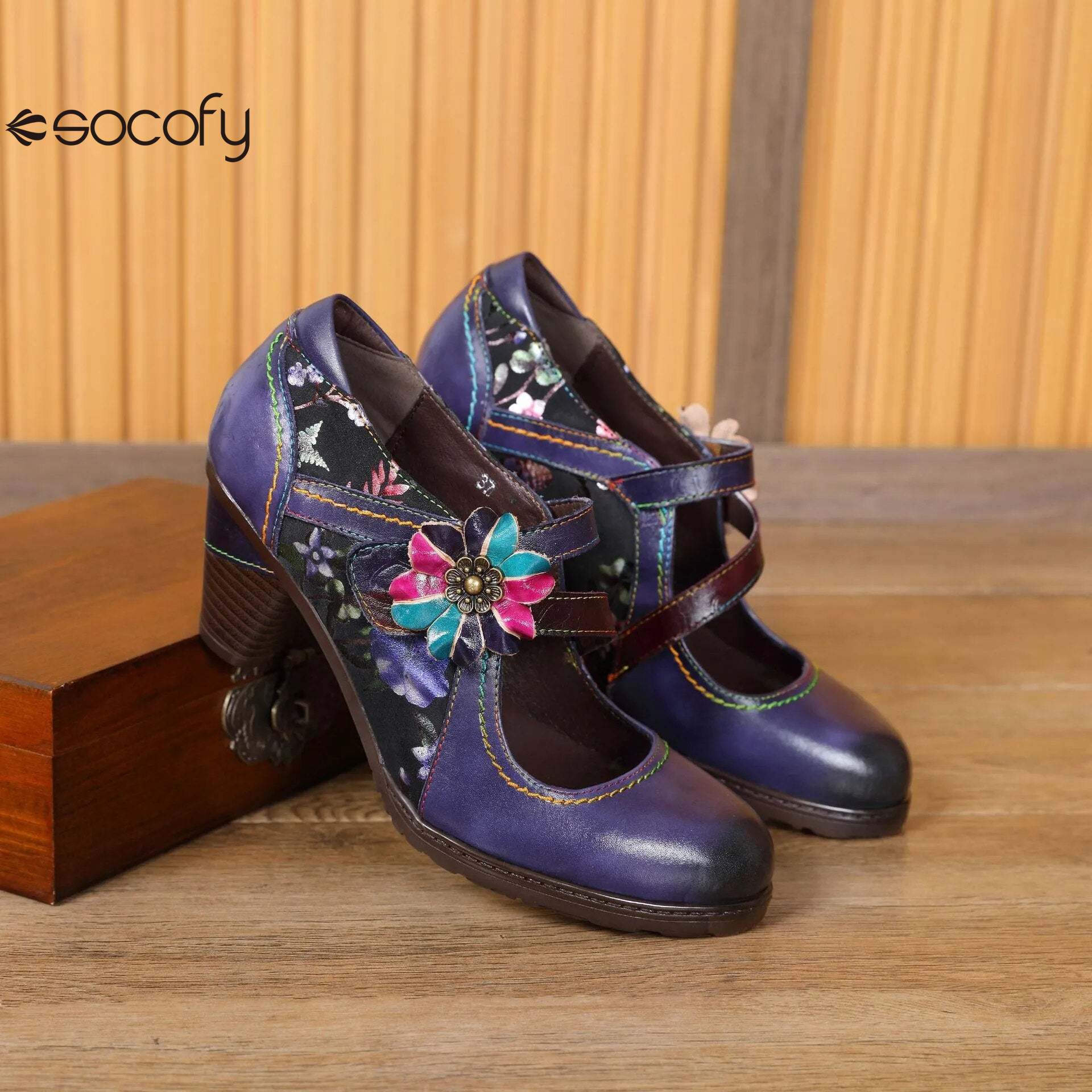 Socofy Vicconfy Colorful Stitching Painted Flower Spring Hook Loop Genuine Leather Spike Heels Round Toe Women Pumps