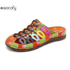 Socofy Summer Leather Hollow Out Buckle Comfortable Flat Women's Slippers