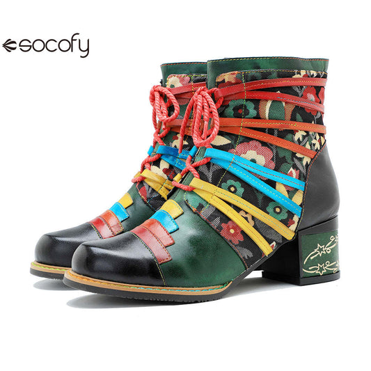 Socofy Vicconfy Handmade Genuine Leather Printed Patchwork Colorful Strappy Chunky Heel Women's Boots 1000