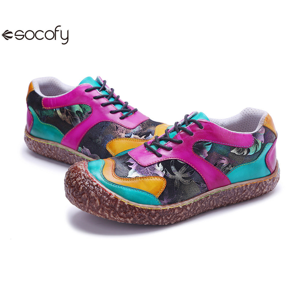 Socofy Vicconfy Genuine Leather Retro Lace Up Comfortable Casual Women's Shoes