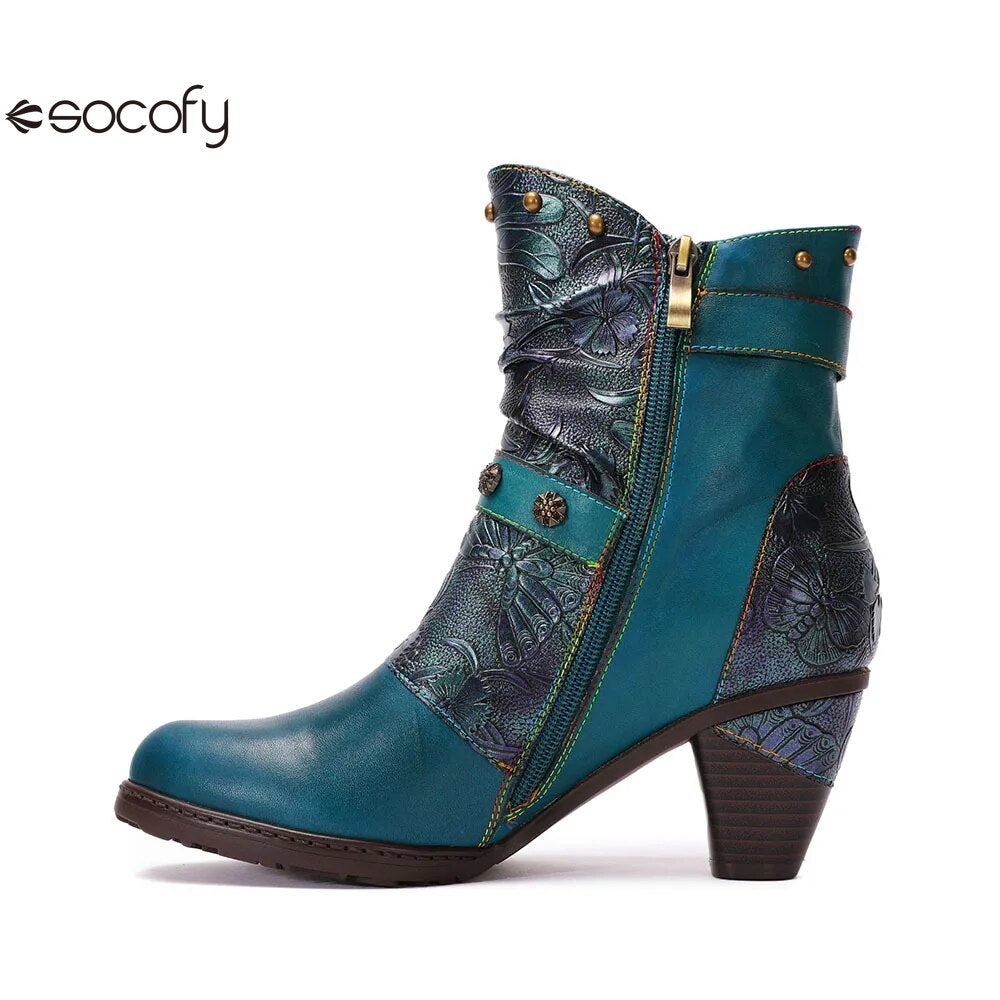 SOCOFY  Genuine Leather Retro Handmade Embossed Fashion Zip Winter Short Boots